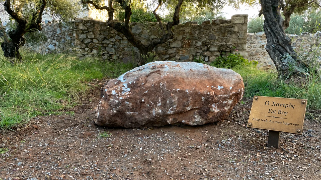 Μακρόστενη χαμηλή πέτρα δίπλα στον δρόμο, με ψηφιακά προστιθέμενη μουσειακή πινακίδα