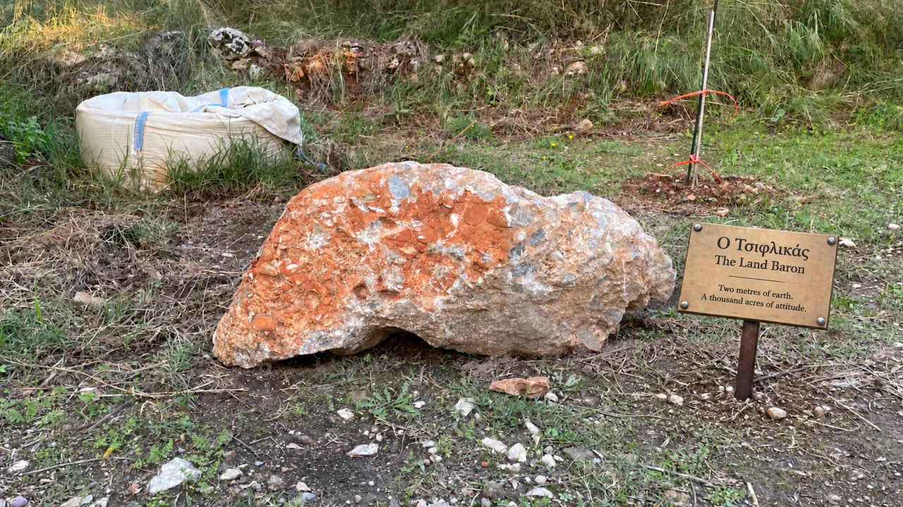 Πλατιά χαμηλή πέτρα με πορτοκαλί κηλίδες, με ψηφιακά προστιθέμενη μουσειακή πινακίδα
