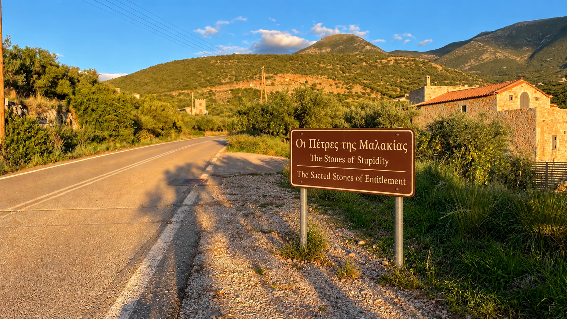 Αγροτικός δρόμος στη Μάνη με ελιές, βουνά και ψηφιακά προστιθέμενη σατιρική πινακίδα