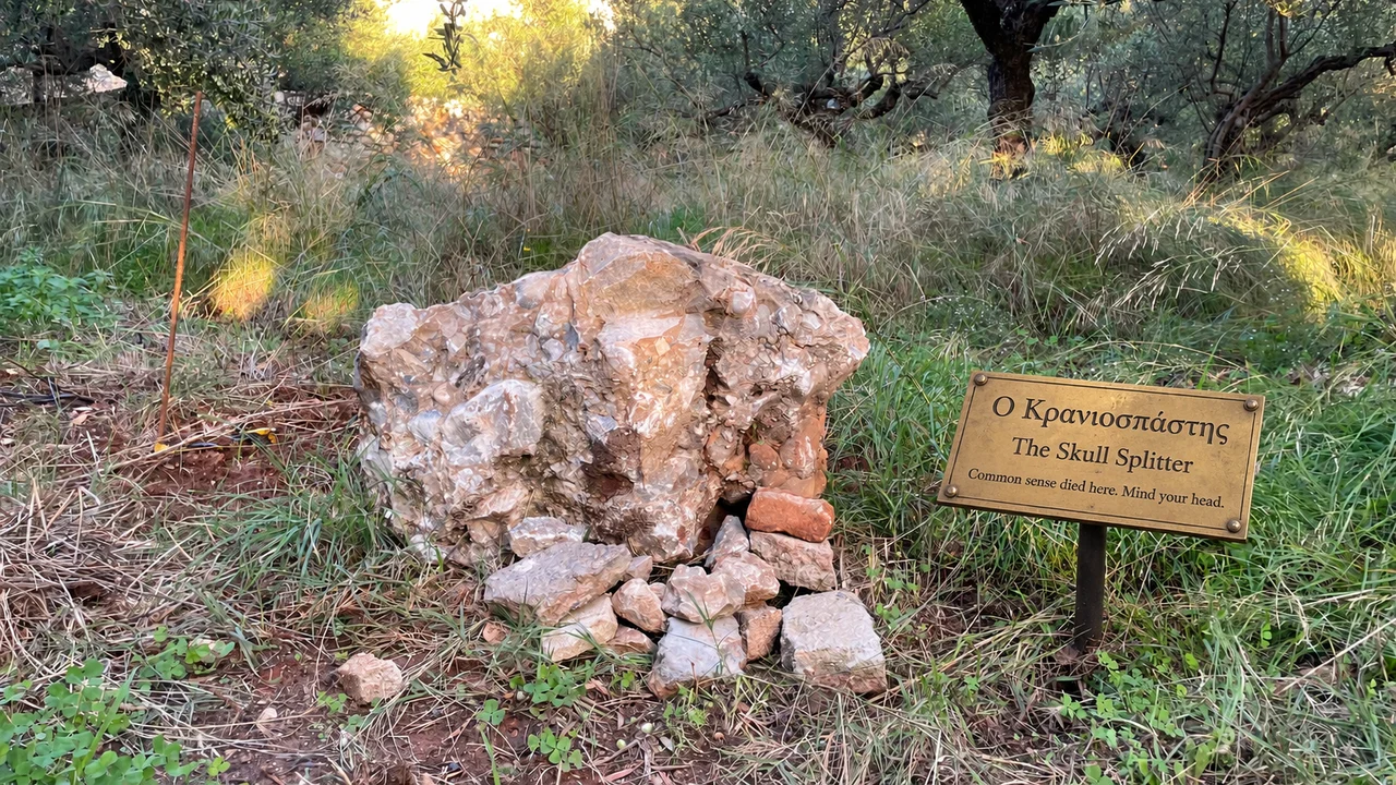 Οδοντωτή πέτρα πάνω σε μικρότερες πέτρες, με ψηφιακά προστιθέμενη μουσειακή πινακίδα