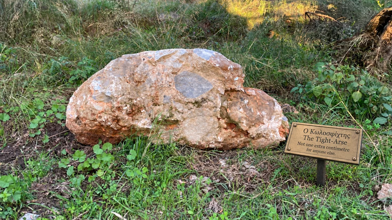 Πλατιά στρογγυλεμένη πέτρα ανάμεσα σε χόρτα, με ψηφιακά προστιθέμενη μουσειακή πινακίδα
